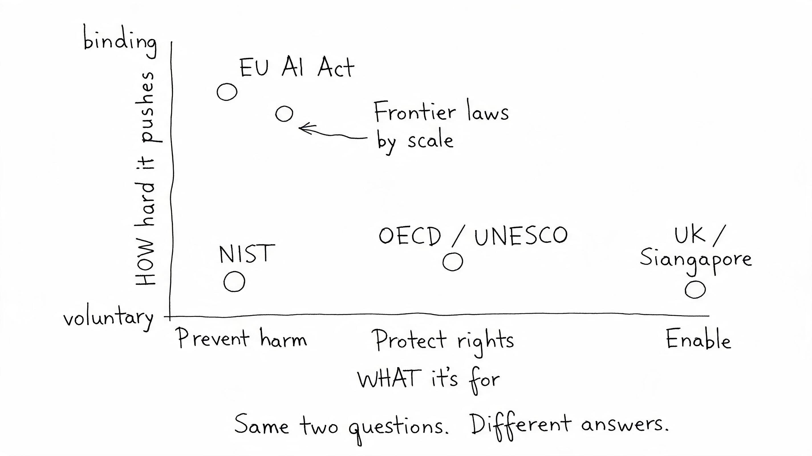 Summary map of AI governance frameworks, showing axes for “what” (goal: rights vs. harms vs. adoption) and “how” (method: law vs. voluntary), plotted with key frameworks.